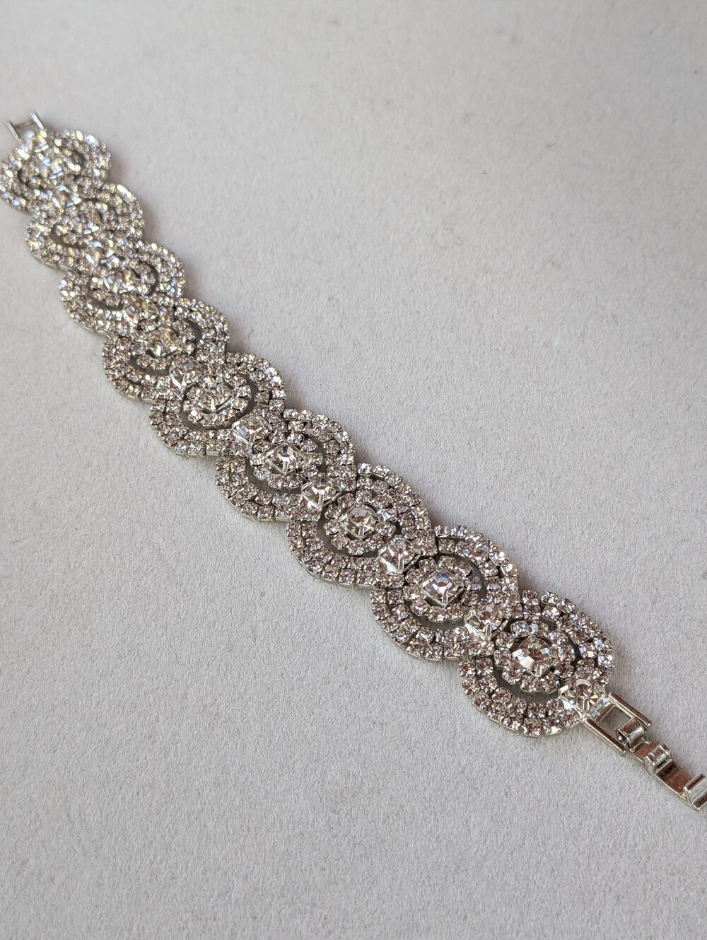 Vintage Rhinestone Statement Bracelet – Silver-Tone – Size 7 – Fold-Over Clasp